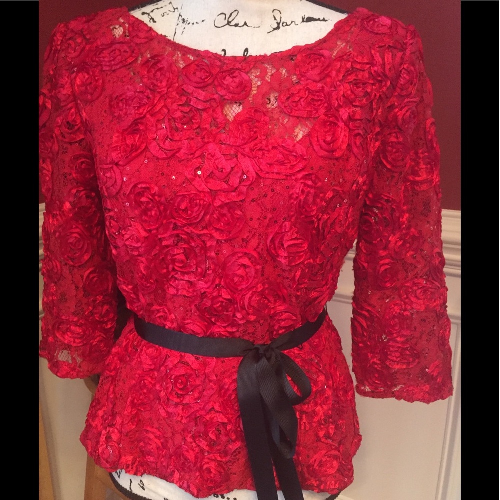 COPY - AT Gorgeous red top w/organza rosettes & sequins